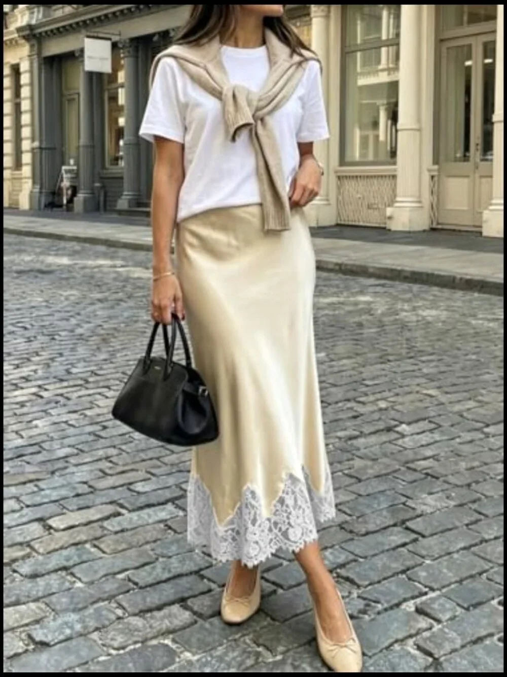 High Waist Satin Midi Skirt Lace Trim Flowy A Line Cocktail Party - Picture 2 of 6